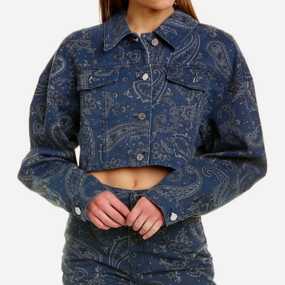 WeWoreWhat Jackets & Blazers - WEWOREWHAT Cropped Jean Jacket, Rigid Denim Paisley Print, Sz. M-L /NWT